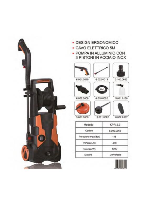 IDROPULITRICE KYDRA KPR 2.3 1900W 145 BAR PORTATA 450L/H CON ACCESSORI INCLUSI