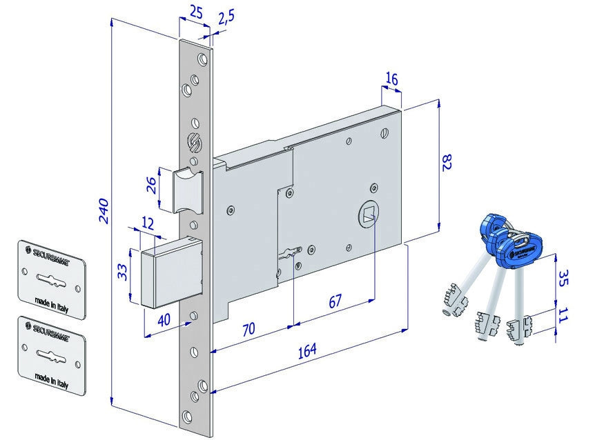 SERRATURA FASCIA INFILARE 2010 SECUREMME B.Q ZINC F.MM 25 DM M4+SCR H.MM 83 E.MM 70