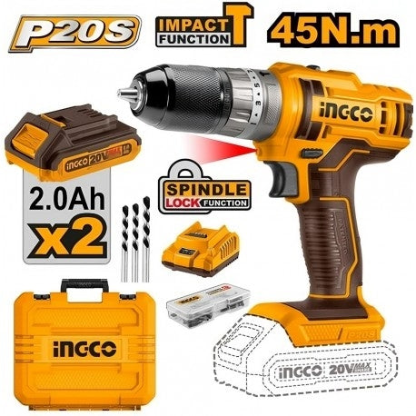 TRAPANO AVVITATORE CON PERCUSSIONE 20V CON 2 BATTERIE + 47 ACCESSORI INGCO CIDLI201452E