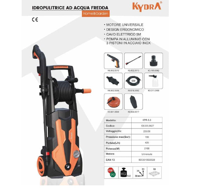 IDROPULITRICE KYDRA KPR 5.3 2100W 150 BAR PORTATA 420L/H CON ACCESSORI INCLUSI
