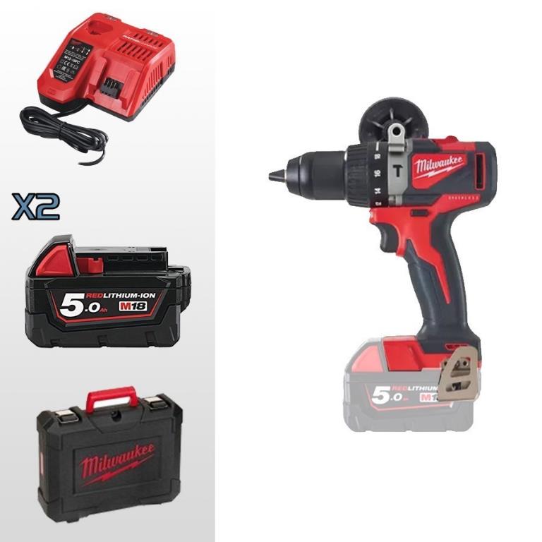TRAPANO AVVITATORE CON PERCUSSIONE MILWAUKEEBRUSHLESS 18 V CON 2 BATTERIE DA 5 AH BLPD2-502X