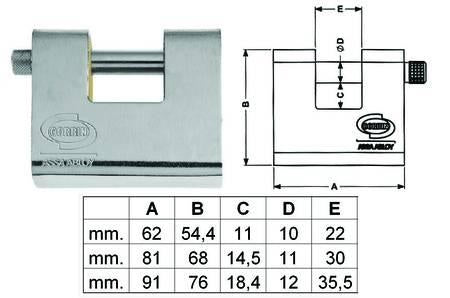LUCCHETTO 91 MM RETTANGOLARE CORAZZATO CORBIN PL 211