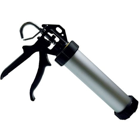 PISTOLA PER SILICONE E COLLE CON BECCUCCIO IN ALLUMINIIOpistola per silicone con corpo porta cartucce e impugnatura in alluminio e tappi di chiusura