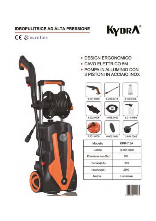 IDROPULITRICE KYDRA KPR-7.5A EXTRA 2500 W 180 BAR 510 L/H