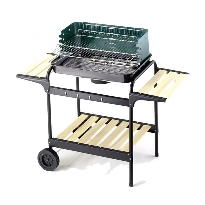 BARBECUE C/RUOTE A CARBONI CON APPOGGIO IN LEGNO