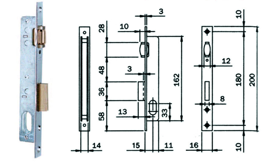 SERRATURA DA INFILARE PER MONTANTI CATENACCIO E RULLO 752 - mm.15 ISEO